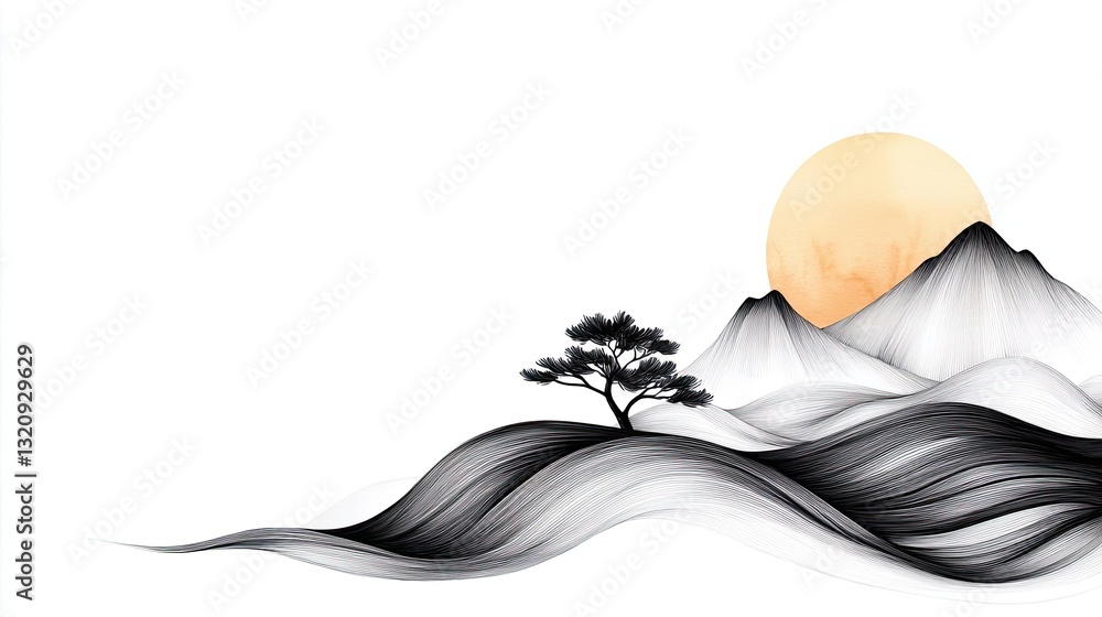Poster ink illustration abstract background concept. a serene mountain landscape with a tree and a large su
