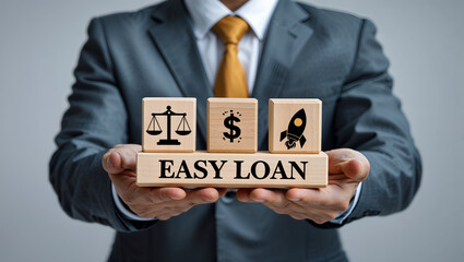 Business man holding styrofoam blocks with icons sees inscription: EASY LOAN. Concept of quick and easy loan, fast money providence, business and finance services. Timely payment. Easy instant LOAN