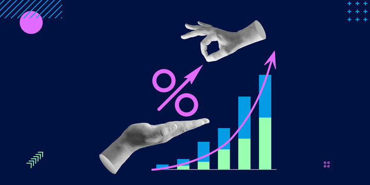 A financial graph with growing bars and percentage symbol represents investment success, banking, and economic growth. Minimalist art collage