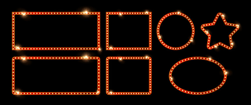 Retro Neon Marquee Billboard Vector: Circle, Square, Rectangle and Star Shapes with Glowing Bulbs for Carnival, Casino and Broadway Decoration.