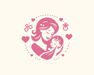 Happy Mother's Day Logo Design Vector Template. Silhouette Mother and Child Logo.
