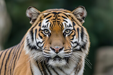 Fototapeta premium Close-up portrait of a majestic tiger with striking orange and black stripes.