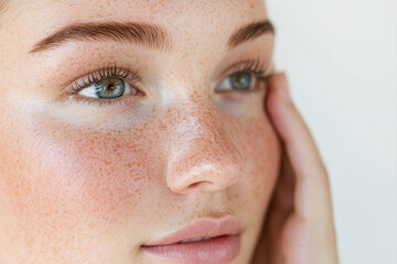 Fototapeta premium Close-up portrait of a young woman with freckles, showcasing natural beauty and emotion.