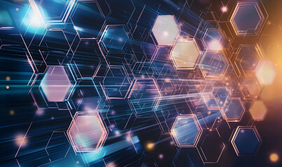 Obraz premium Mesmerizing hexagon grid with high-speed motion blur in a tech scene, representing advanced technology and data speed.