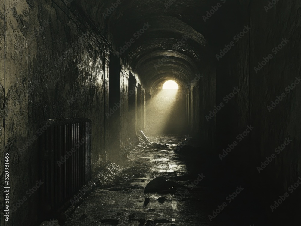 Poster a dark and mysterious tunnel with a glimmer of hope at the end