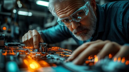 A middle-aged male biomedical engineer meticulously works on a prototype medical device in a high-tech engineering lab, surrounded by intricate electronics and tools