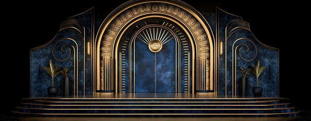 Elegant Art Deco Stage with Golden Accents and Rich Blue Background for Event Design