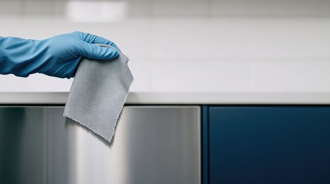 Cleaning surface with gloved hand, showcasing hygiene and attent