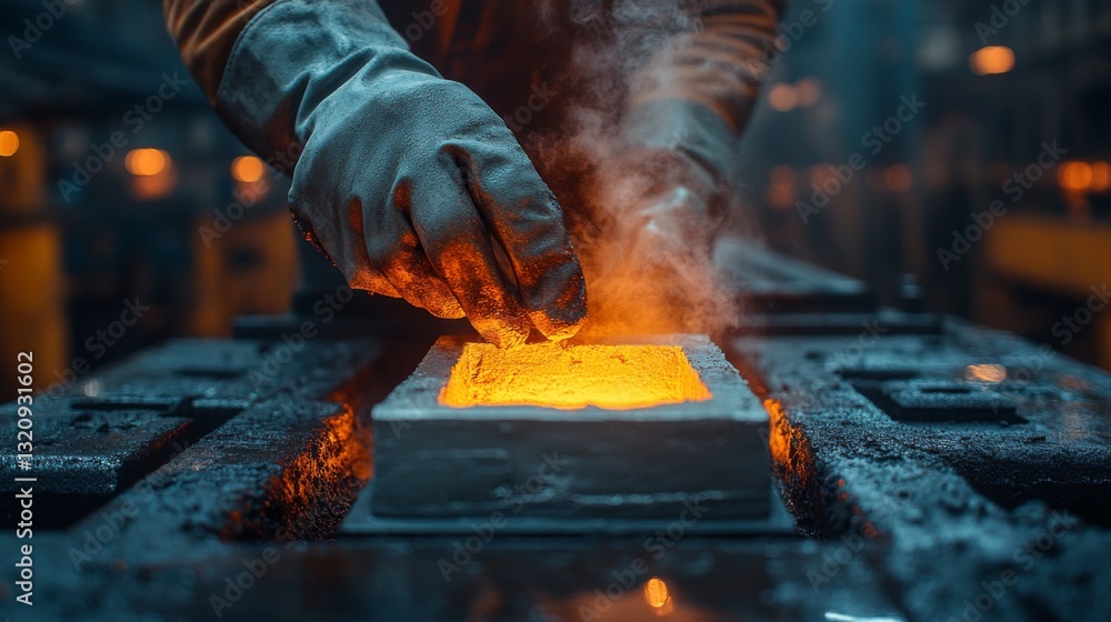 Aufkleber Workers are engaged in pouring molten metal into molds within a busy factory. The atmosphere is filled with steam and the glow of heated metal, creating an industrial ambiance.