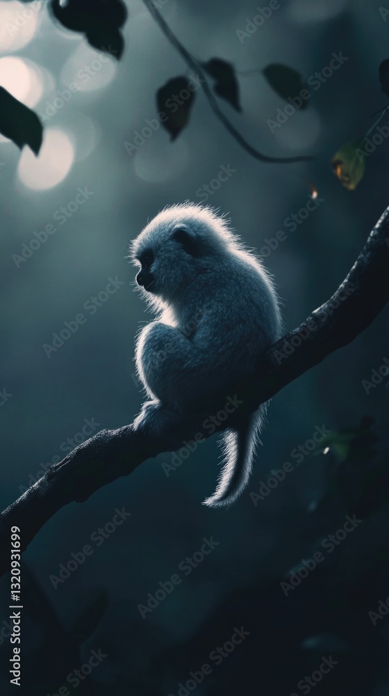 Poster A monkey perched on the edge of a tree branch, looking out at the viewer