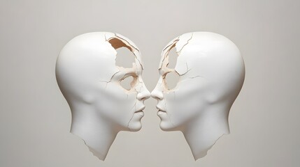 Fragile Connection: Two white head sculptures with cracked skulls face each other, symbolizing vulnerability and the fragility of human relationships.