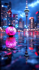 Vibrant Pink Lantern Reflecting City Lights at Night in Urban Environment