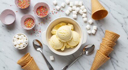 Fototapeta premium Creamy vanilla ice cream scoops nestled beside waffle cones and marshmallows; bright overhead lighting enhances the sweet scene.. AI Generated