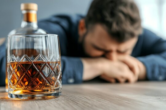 A man struggles with alcohol addiction, resting his head on a table beside a glass of whiskey