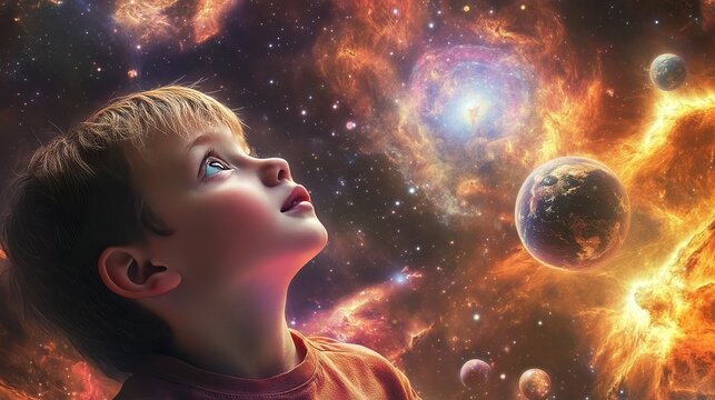 Boy looking at space with planets and stars in amazement