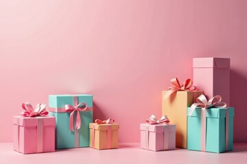 Fototapeta premium A Delightful Arrangement of Pastel Presents with Delicate Ribbons on a Soft Pink Background