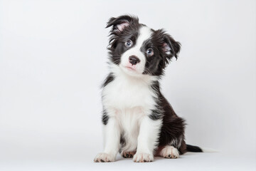 Obraz premium Cute black and white puppy looking curiously at the camera with playful expression. isolated on white background.