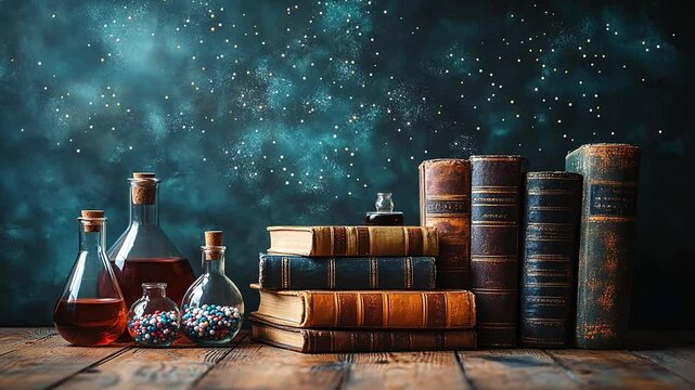 Mystical Library: A collection of antique books and potion bottles. The image depicts a scene of magic, knowledge, and mystery