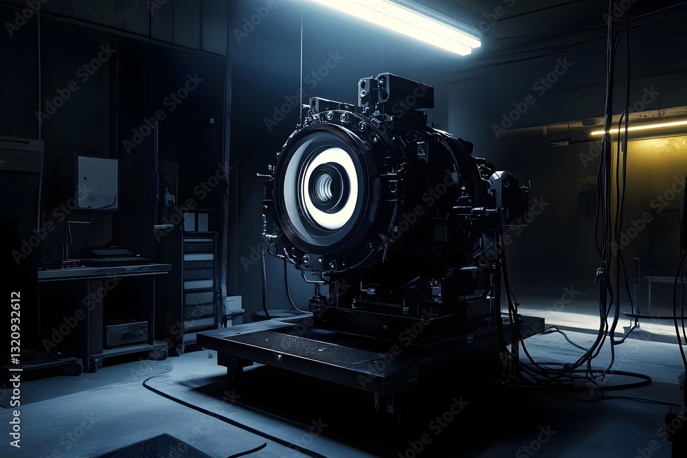 Poster high-tech machinery in a dimly lit workshop showcasing intricate engineering and design