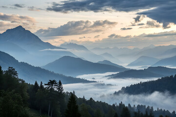 Obraz premium Misty Mountain Dawn – Serene and Tranquil Landscape with Atmospheric Fog
