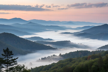 Obraz premium Peaceful Mountainous Scenery Enveloped in Mist – Ethereal Early Morning Landscape