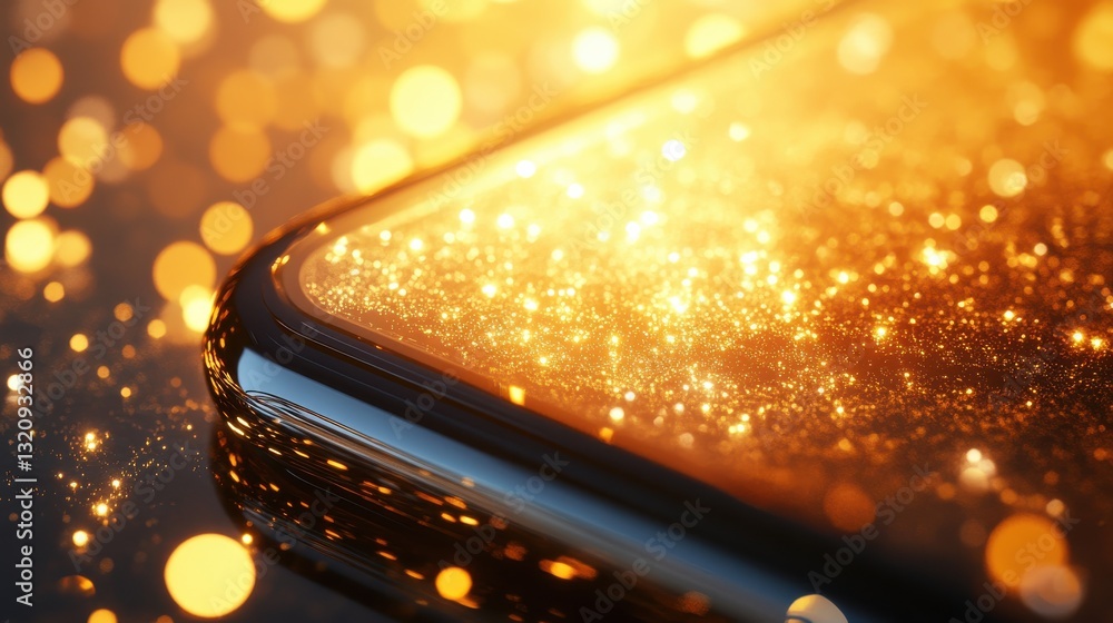 Poster glimmering golden sparkles on smartphone screen with soft blurred bokeh background enhancing glow an