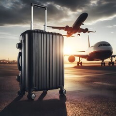 A sleek black travel suitcase displayed on the tarmac, with a large airplane in the background, perfect for product photography 