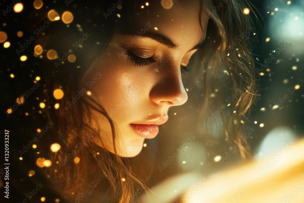 Poster a person looks at a tablet screen with a serious expression