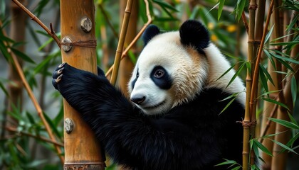 Obraz premium A large panda bear climbs a bamboo tree, its claws gripping the bark, habitat, wild