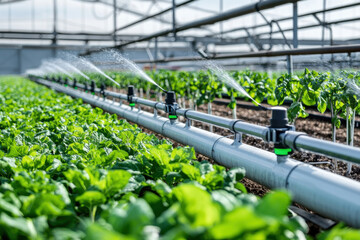 Irrigation system in a greenhouse with vibrant green plants growing healthily.