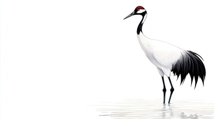 Fototapeta premium Ink illustration abstract background concept. A graceful crane stands elegantly in shallow water against a minimalistic background.