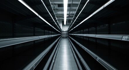 Obraz premium Empty supermarket aisle stretches endlessly under bright fluorescent light creating a stark minimalist aesthetic. AI Generated