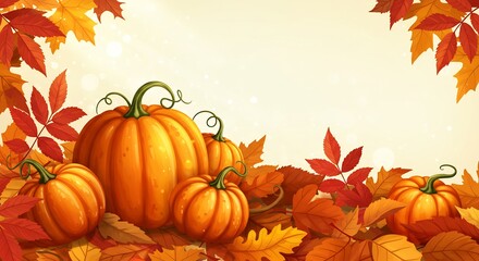 Naklejka premium Autumn pumpkins nestled warmly in colorful leaves. AI Generated