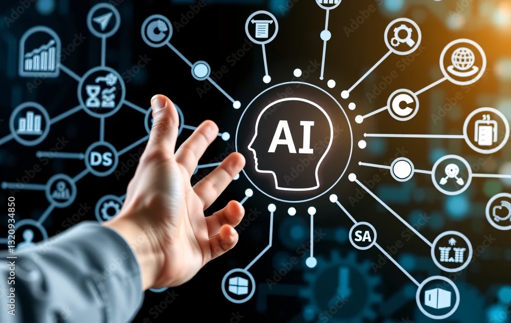Poster ai interface interaction, a hand reaches for technology, with data nodes and a human head silhouette