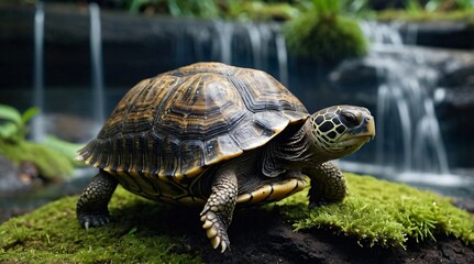 Obraz premium Turtle navigating lush greenery near a tranquil waterfall in a natural habitat