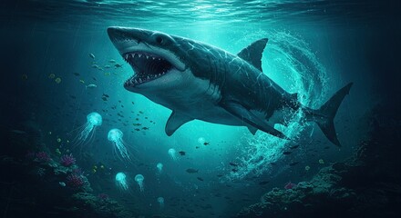 Fototapeta premium Great White Shark Underwater Swimming with Open Mouth Scene