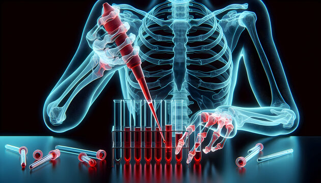 Medical science X-ray style digital rendering of a transparent hand holding a pipette, highlighting skeletal structu2