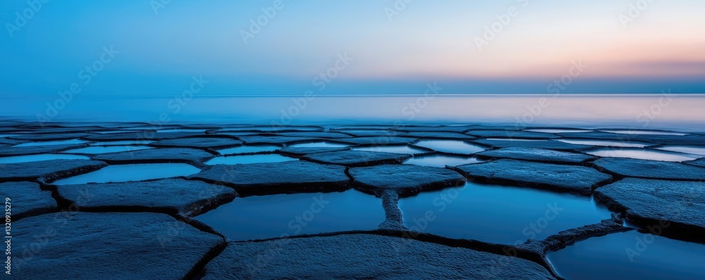 Aufkleber seascape abstract background idea. a serene landscape featuring hexagonal rocks and calm water at du