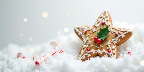A Festive Star-Shaped Gingerbread Cookie Adorned with Icing, Candy, and Holly Nestled in Sparkling Artificial Snow with Candy Canes Nearby.
