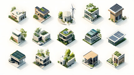 Collection of eco-architecture symbols for sustainable design, including wind turbines, solar panels, green roofs, and energy-saving solutions.