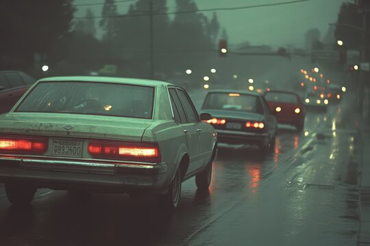Fototapeta Rainy Night City Street Scene with Cars