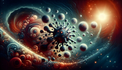 Medical science Surreal depiction of virus-like particles merging together, symbolizing viral mutation and evolution1