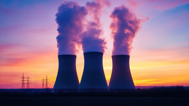 Cooling towers release steam during sunset near power lines and colorful sky