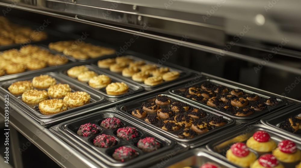 Poster assortment of delicious pastries and cupcakes displayed in a bakery showcase with various toppings a
