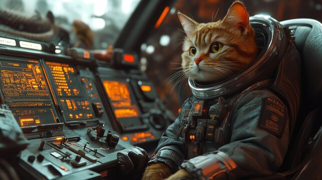 A cat dressed in an astronaut suit sits confidently at the control panel, surrounded by glowing screens and buttons, embarking on an exciting space mission. - Powered by Adobe
