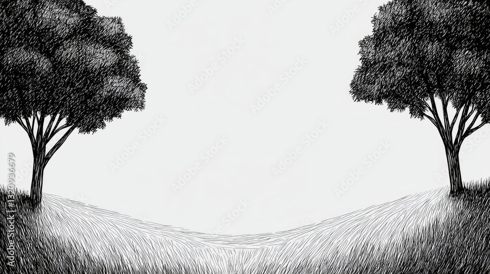 Poster Ink illustration abstract background concept. A tranquil landscape featuring two trees and flowing grass, evokes serenity and calmness.