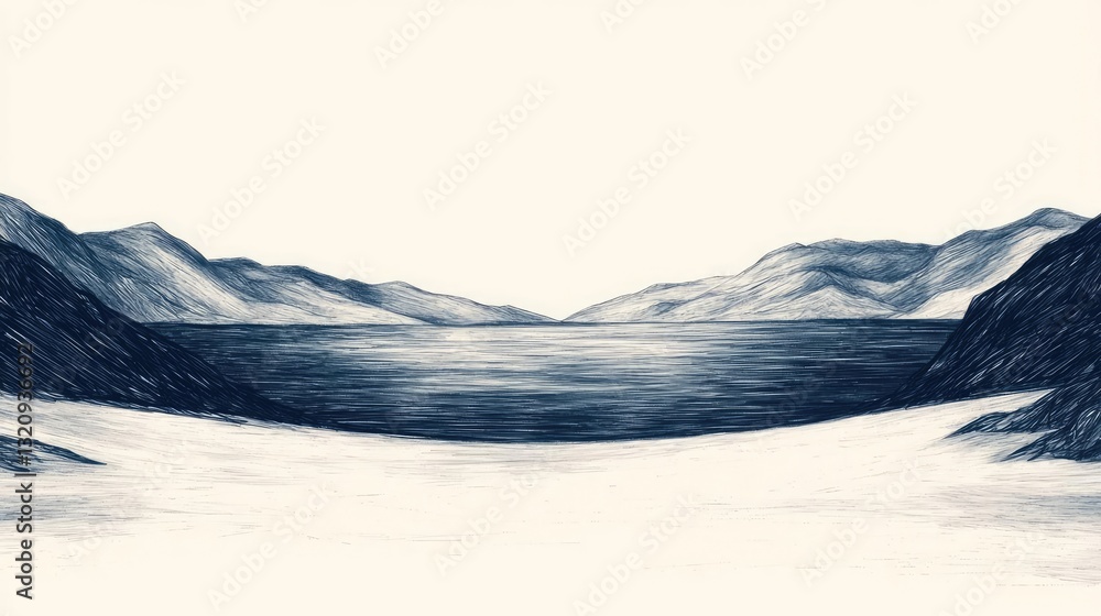 Poster ink illustration abstract background concept. serene drawing of mountains surrounding a calm lake, s