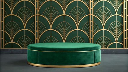 Art Deco Podium: An opulent green velvet podium set against a matching art deco inspired backdrop in gold, creating a luxurious and elegant scene.