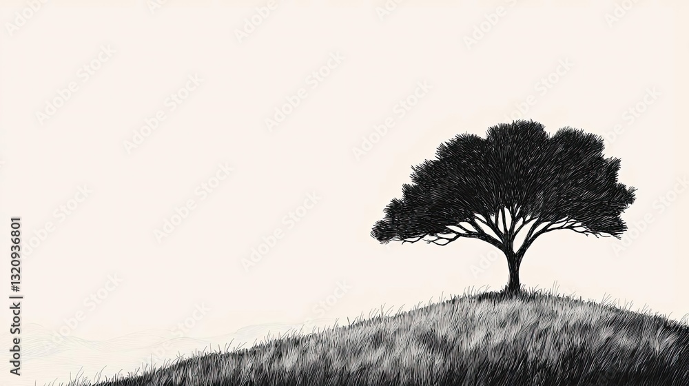 Poster Ink illustration abstract background concept. A solitary tree stands on a hill, creating a serene and peaceful landscape.