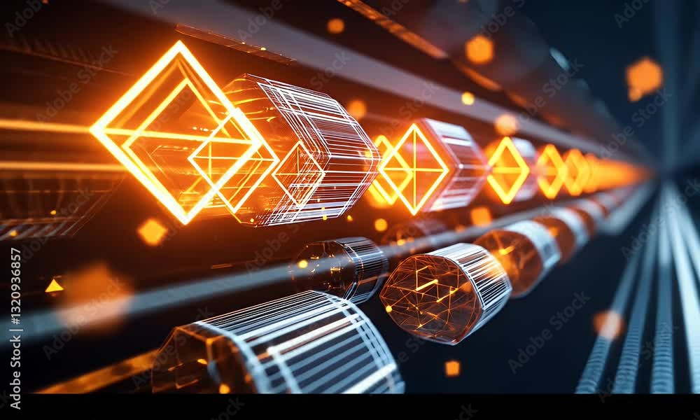 Poster futuristic tech cylinders in a data tunnel